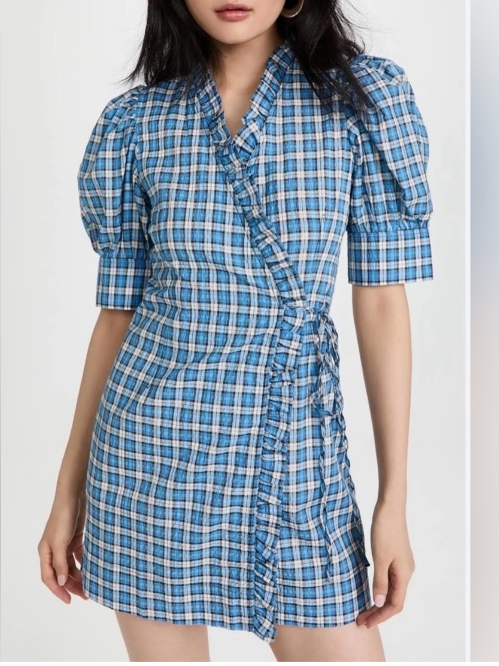 Ganni Blue and White Plaid Wrap Mini Dress